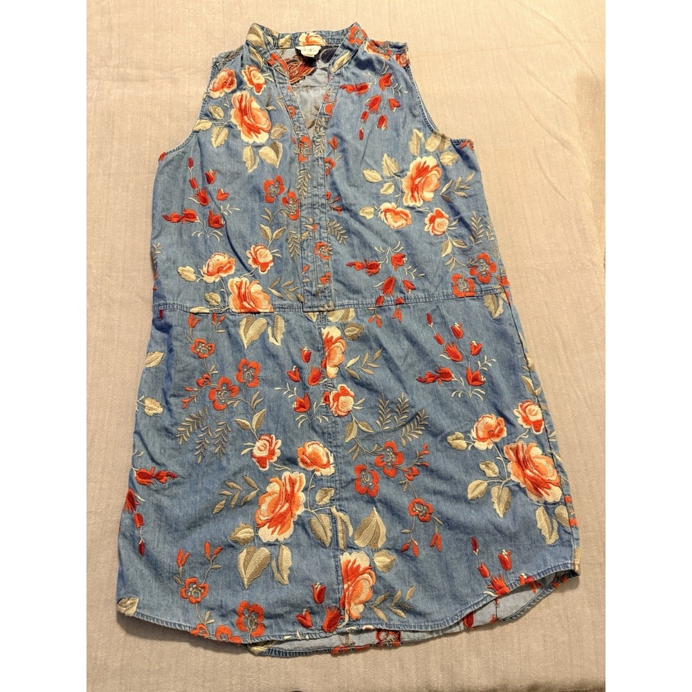 Beige by Eci Embroidered Chambray Floral Sleeveless Tunic Dress Women 14